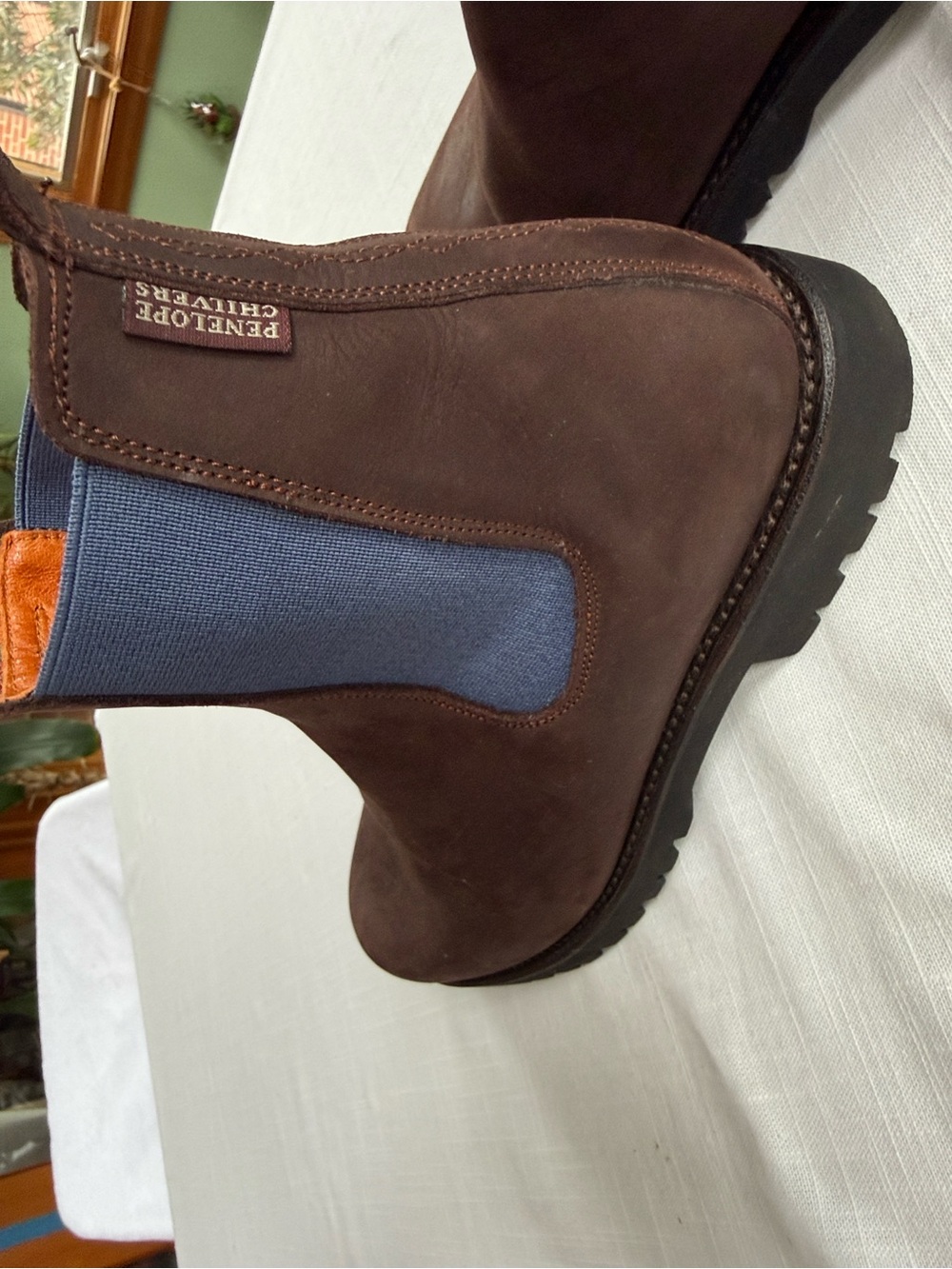 Penelope Chilvers women Brown Leather Chelsea Boot with Navy Elastic - Picture 2 of 10